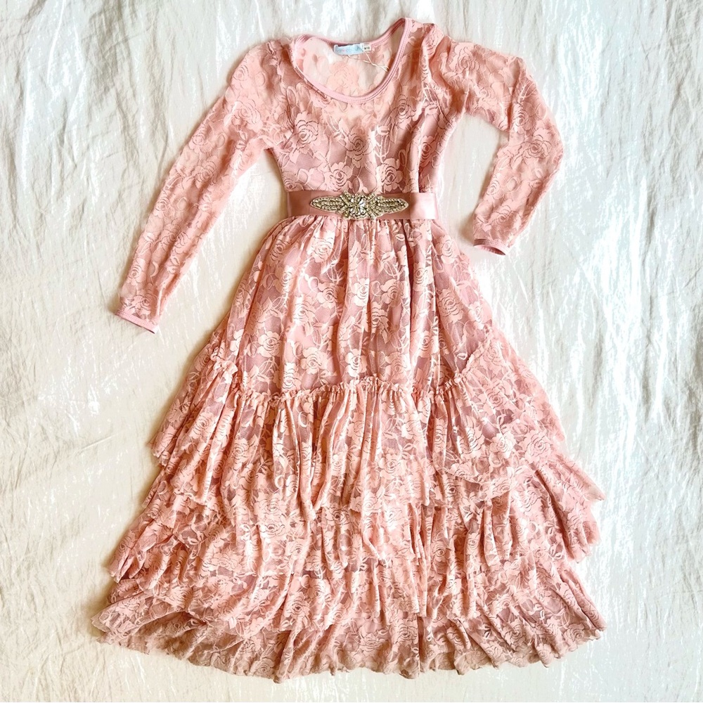 Just Couture Pink Lace, Long Sleeve, Full Length Dress with Rhinestone Accent